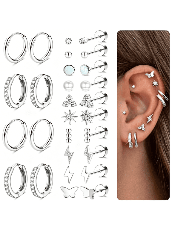 Flat Back Gold Earrings for Women Trendy Hypoallergenic Surgical Steel Earrings for Sensitive Ears-20G Cartilage Earring Stacks 14K Gold Plated Small Flatback Stud Hoops Cartilage Earring