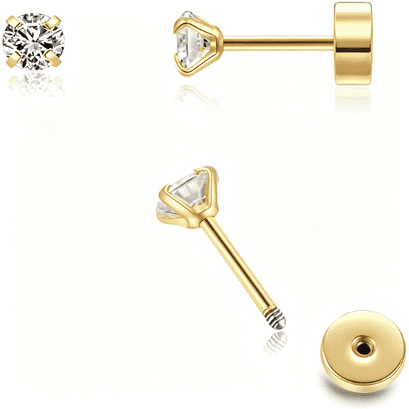 DESIGNICE Flat Back Screw Back Cz Stud Earrings,Small Cubic Zirconia Stud Earrings for Cartilage Tragus Earlobe Piercing for Women(2Mm 3Mm 4Mm Gold Color)