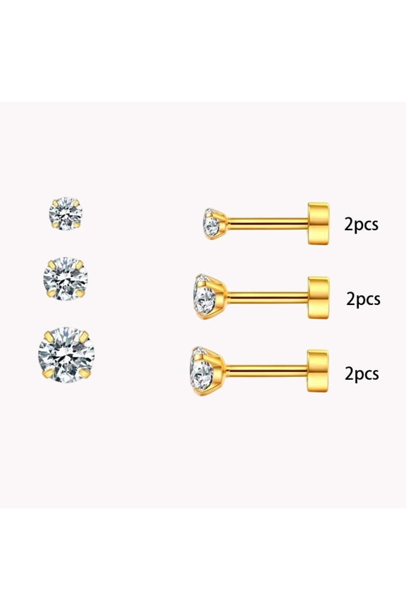 Flat Back Screw Back Cz Stud Earrings,Small Cubic Zirconia Stud Earrings for Cartilage Tragus Earlobe Piercing for Women(2Mm 3Mm 4Mm Gold Color)