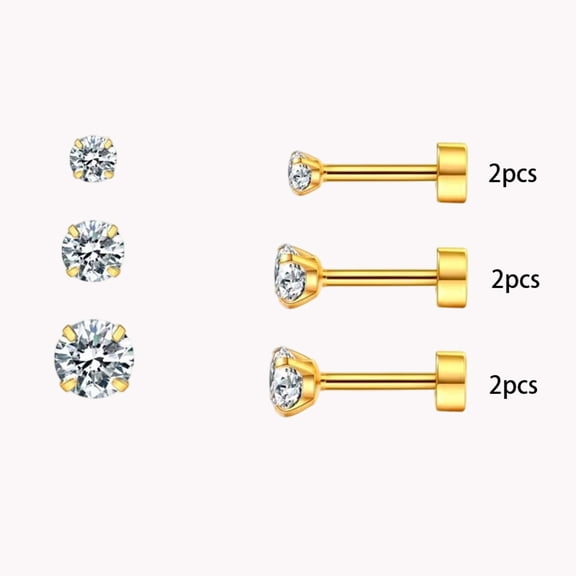 DESIGNICE Flat Back Screw Back Cz Stud Earrings,Small Cubic Zirconia Stud Earrings for Cartilage Tragus Earlobe Piercing for Women(2Mm 3Mm 4Mm Gold Color)