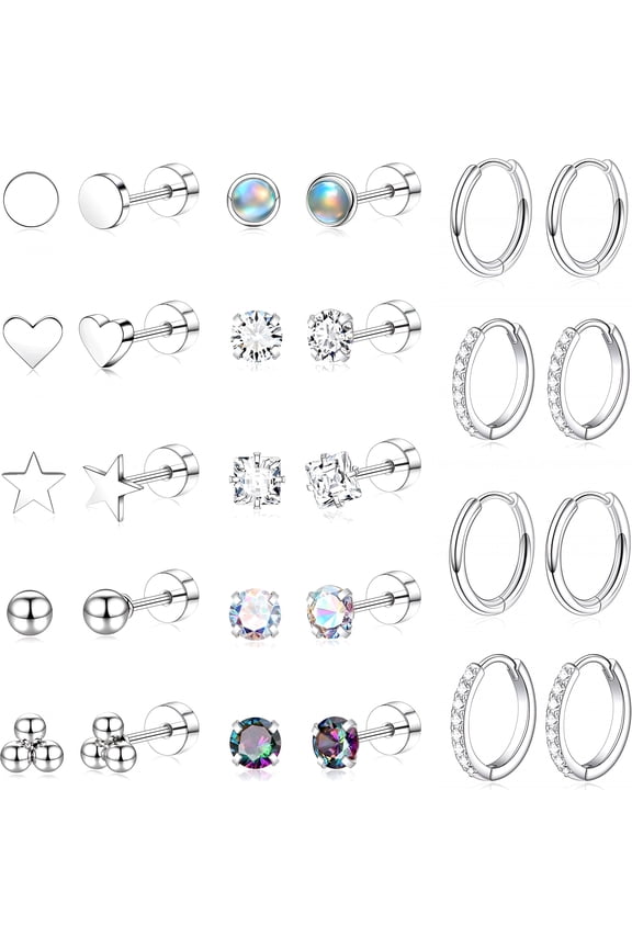 Flat Back Stud Cartilage Earrings for Women Surgical Stainless Steel Earring Sets Stack for Sensitive Ears Multiple Piercing Silver Screw Back