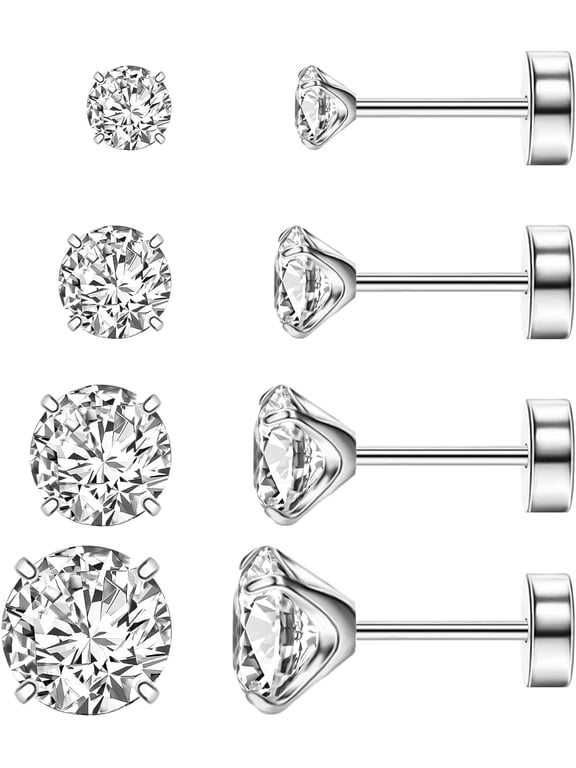 Flat Back Stud Earrings,Implant Grade Titanium Earrings Set for Women,Hypoallergenic 20G Screw Back Earrings for Sensitive Ears,36Mm Cz Crystal,Gold Silver Black