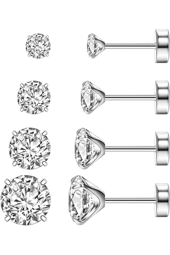 Flat Back Stud Earrings,Implant Grade Titanium Earrings Set for Women,Hypoallergenic 20G Screw Back Earrings for Sensitive Ears,36Mm Cz Crystal,Gold Silver Black