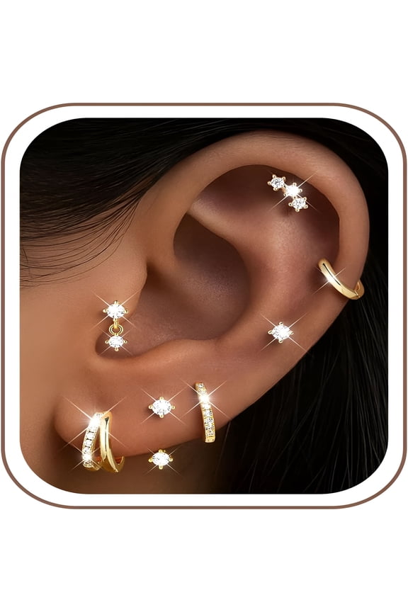 Flat Back Stud Earrings Sets for Women - 7 Pairs Hoop Earrings,14K-Gold-Plated Hypoallergenic Small Huggie Dangle Cartilage Earring Stacks for Sensitive Ears