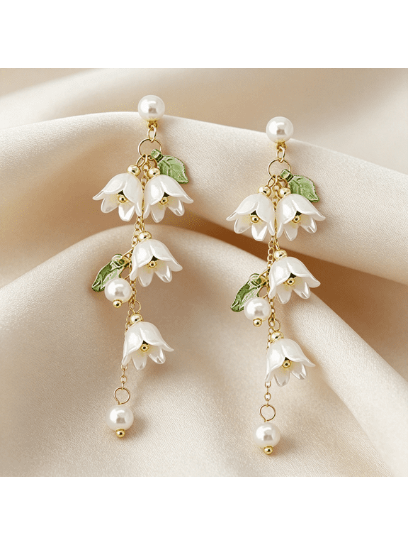 Flower Leaf Earring for Women White Lily of the Valley Flower Dangle Long Tassel Earrings Summer Fairy Jewelry Ethereal Delicate Lily of the Valley Flower Earrings