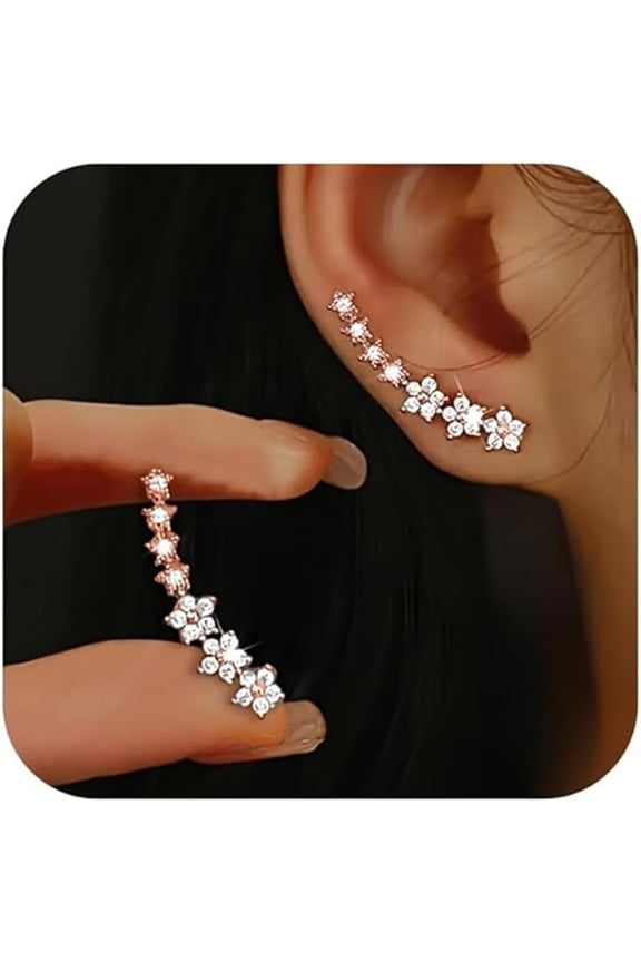 Flowers Ear Climbers Stud Earrings for Women Dainty Cz Star Shiny Stud Cuff Crawler Earrings Jewelry Gifts