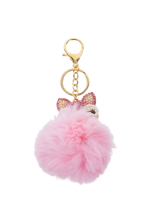 Fluffy Ball Keychain with Pearls Rhinestones Inlay Key Chain for Womens Bag / Cellphone / Car Pendant (Pink)