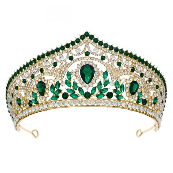 DESIGNICE Forest Green Crystal Tiara for Wedding,Large Gold Decorative Crown,Statement Costume Accessory for Formal Gala