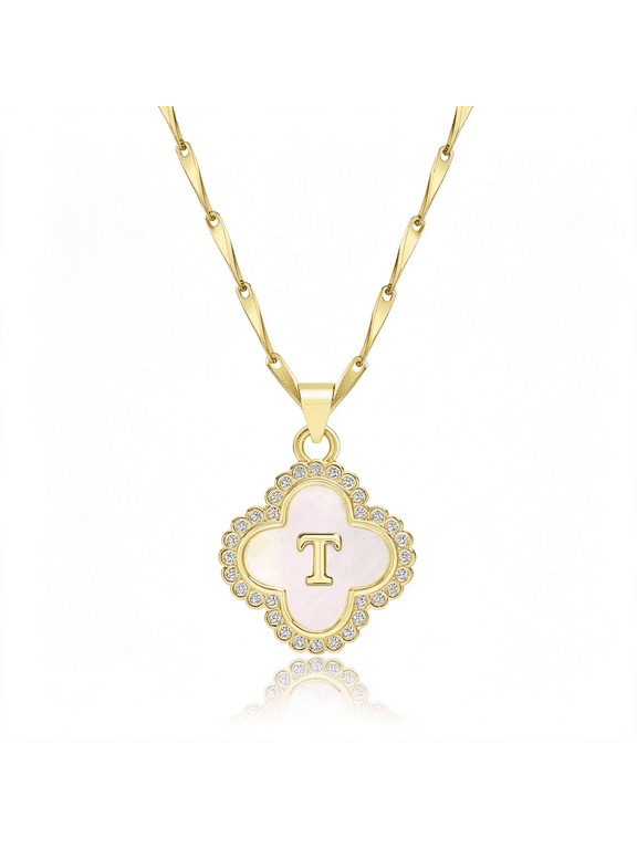 Four Leaf Clover Initial Necklaces for Women,14K Gold Plated Natural Shells Clover Letter Pendant,Alphabets A-Z Necklace Jewelry Gifts for Women 14K Gold Plated Shells Clover Letter Pendant