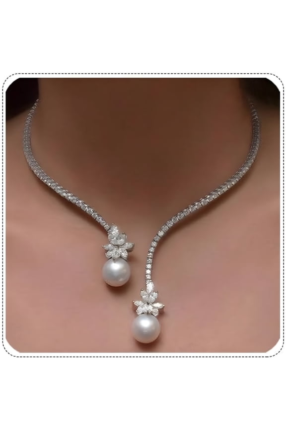 Fringe Round Rhinestone Choker Necklace Silver Crystal Trendy Faux Pearl Necklaces For Women Costume Jewelry