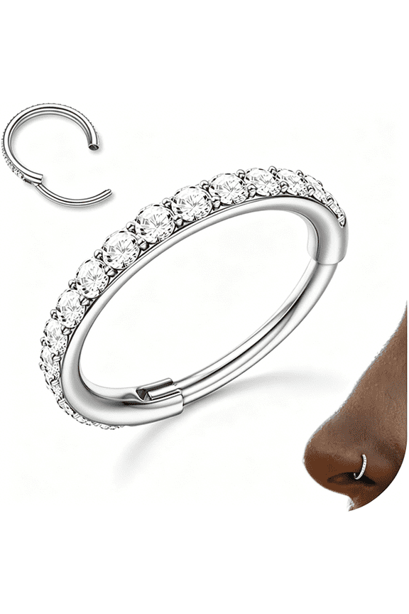 G23 Titanium Nose Rings Hoops 16G 18G 20G Double Hoop Septum Click Nose Rings Lip Rook Lobe Tragus Cartilage Daith Conch Earrings Clear Cz Paved Nose Piercing Jewelry