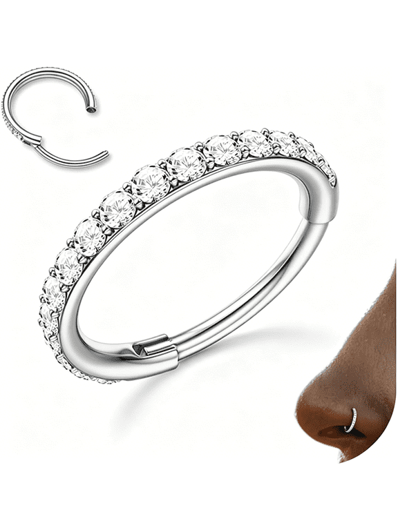 G23 Titanium Nose Rings Hoops 16G 18G 20G Double Hoop Septum Click Nose Rings Lip Rook Lobe Tragus Cartilage Daith Conch Earrings Clear Cz Paved Nose Piercing Jewelry