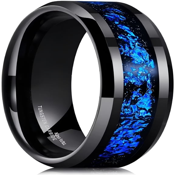 DESIGNICE Galaxy Mens 8Mm Black Tungsten Carbide Wedding Ring with Blue Foils Inlay Beveled Edge Foils Tungsten Wedding Band Comfort Fit Size 10