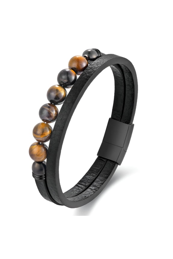 Genuine Leather Beads Bracelet Men Magnetic Clasp Steel Wristband Braided Cuff Tiger-Eye Beaded Stone Bangle Jewelry Gifts for Him Boys Boyfriend Husband Birthday,8.26 Inch