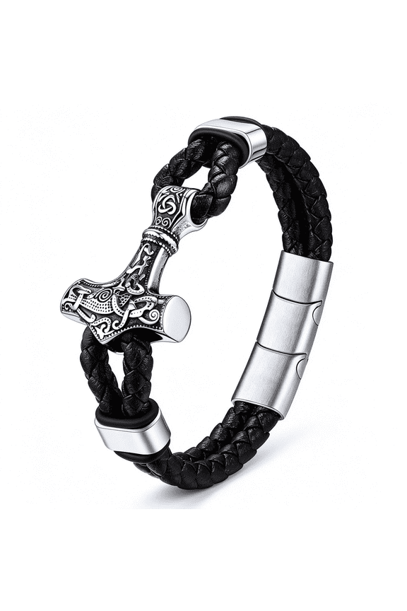 Genuine Leather Braided Viking Bracelets for Men Boys, Vintage ThorS Hammer/Skull/Masonic Freemason Wrap Cuff Wirstband Bracelets with Closure