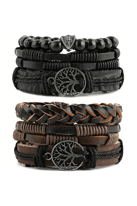 Genuine Leather Tree of Life Bracelets Men Women,Tiger Eye Natural Stone Lava Rock Beads Ethnic Tribal Elastic Bracelets Wristbands