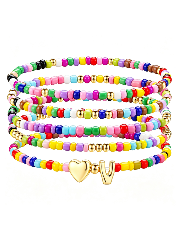Gifts for Girls Kids - 5Pcs Colorful Beaded Initial Girls Bracelet | Cute Stretch Heart Letter Bracelet for Teen Girls, Initial Bracelet Jewelry for Kids, Birthday Gifts for Girls Teen Girl