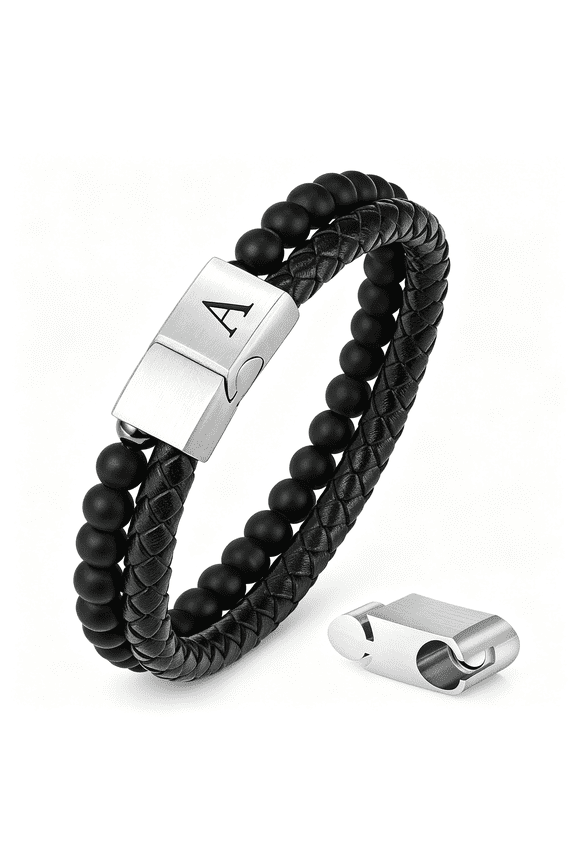 Gifts for Men - Mens Bracelet, Beaded Leather Initial Bracelet 6Mm Matte Agate Stone Handmade Bracelets Adjustable Stainless Steel Magnetic Clasp Mens Jewelry Gifts