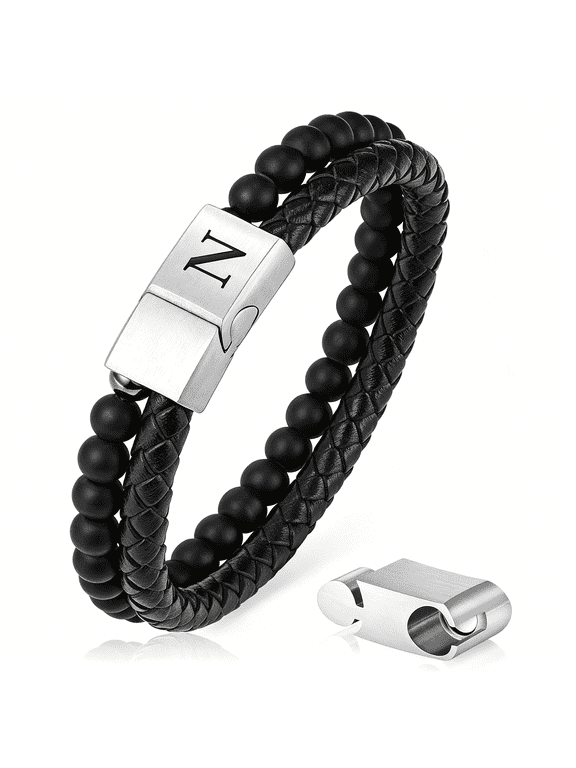 Gifts for Men-Mens Bracelet,Beaded Leather Initial Bracelet 6Mm Matte Agate Stone Handmade Bracelets Adjustable Stainless Steel Magnetic Clasp Mens Jewelry Gifts