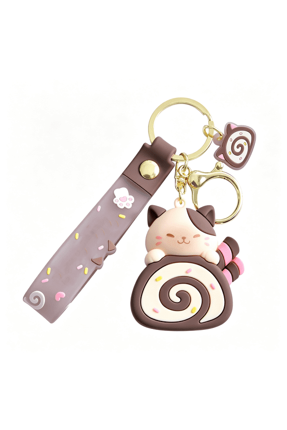 Girly Super Cute Lovely Pink Brown Swiss Roll Bread Cake Cat Kitty Panda Keychain Key Ring Bag Charm Pendant Lovely Cute Cat Keychain