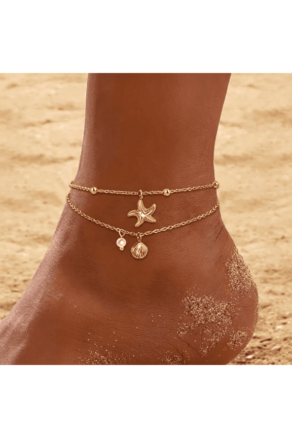 Gold Ankle Bracelet for Women,Waterproof Anklets Dainty Beach Anklet Adjustable Link Chain Cute Stainless Steel Anklets Beach Starfish Pearl Foot Jewelry Non Tarnish Lightweight