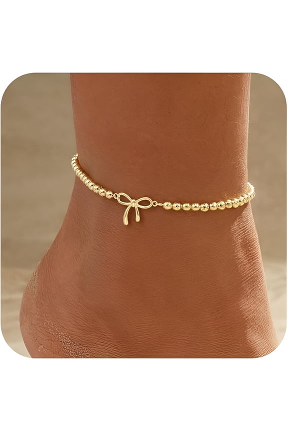 Gold Ankle Bracelets for Women,Gold/Silver Plated Waterproof Layered Lightweight Bow Beaded Twisted Chain Cross Butterfly Satellite Ankle Bracelets Set Gold Anklets for Women