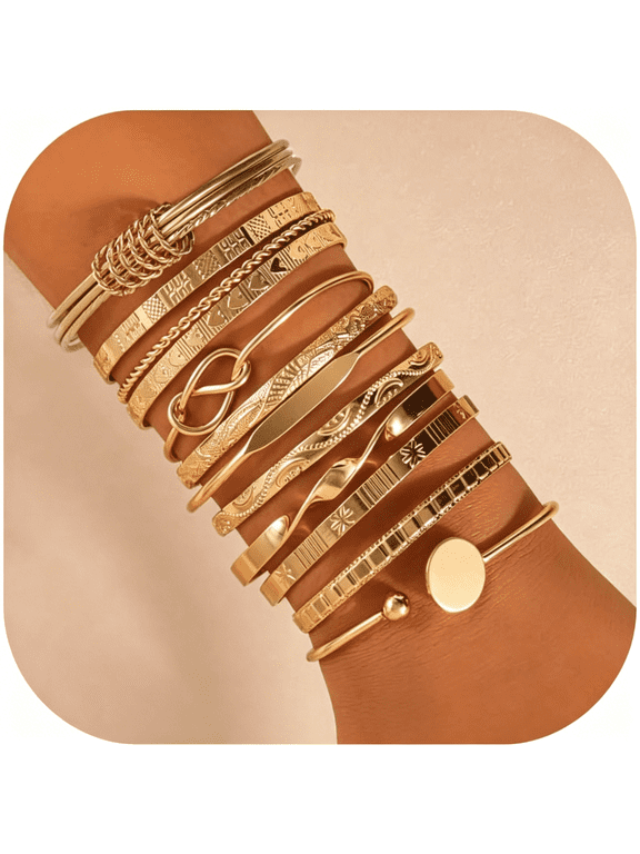 Gold Bangle Bracelets for Women,Indian Bangles Stackable Set,Multi Layer Textured 14K Gold Plated Chunky Bracelets