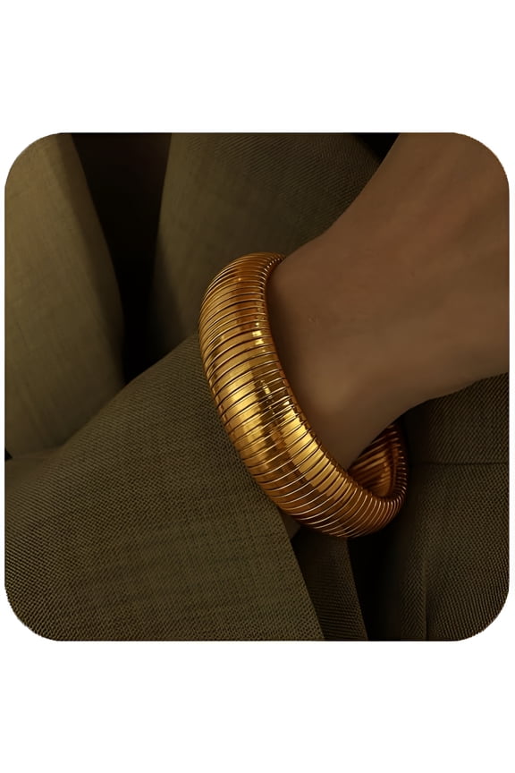 Gold Bangles for Women Set of 3 Chunky Stretch Bangles Bracelets 24K Gold Plated Stainless Steel Bracelets Flexible Wide Stack Bracelets Designer Look Alike Jewelry for Women