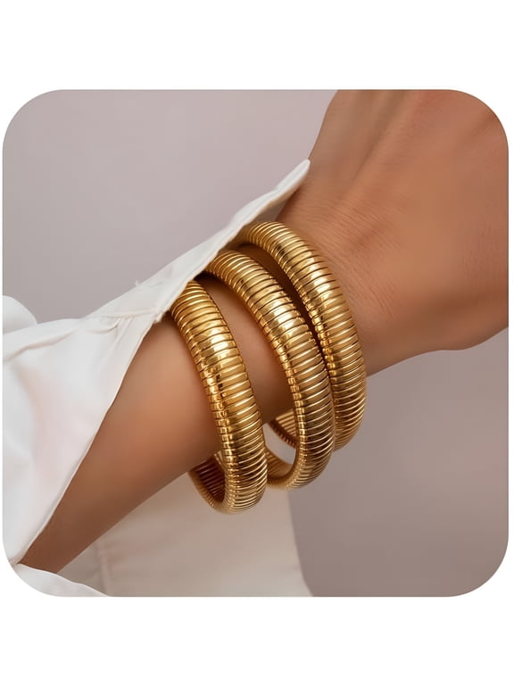 Gold Bangles for Women Set of 3 Chunky Stretch Bangles Bracelets 24K Gold Plated Stainless Steel Bracelets Flexible Wide Stack Bracelets Designer Look Alike Jewelry for Women