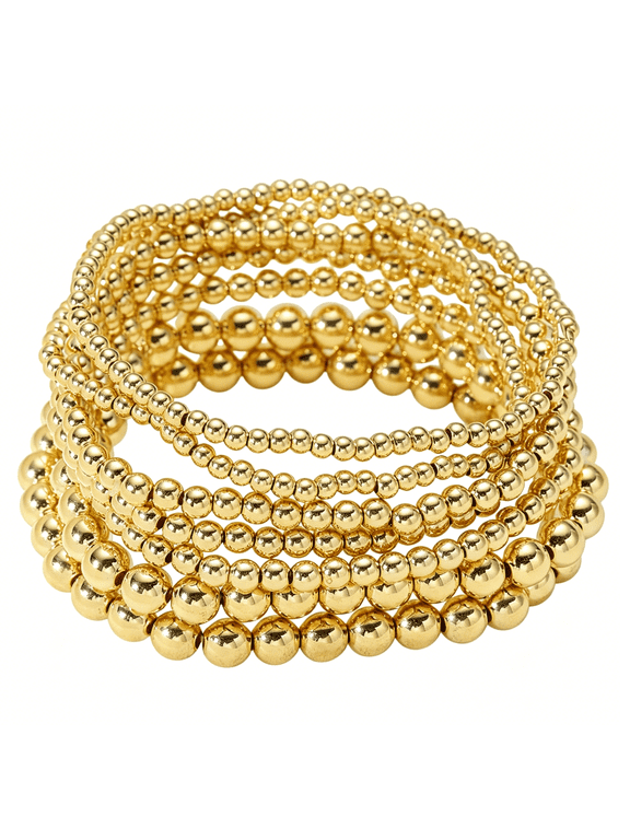 Gold Beaded Bracelet Set-14K Gold Plated Ccb Ball Beads Stack Stretch Bracelet,Mixed Sizes 3-8 Mm