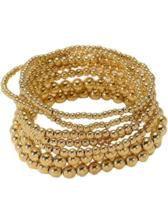 Gold Beaded Bracelets Adjusatable 14K Gold Plated Stackable Bracelets Stretch Bead Ball Bracelet Set for Women 3MM 4MM 6MM 8MM Beads Jewelry
