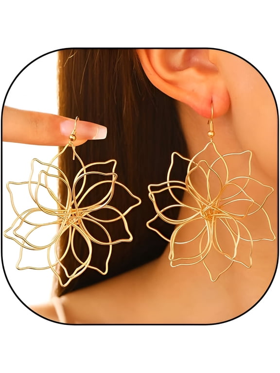 Gold Big Flower Statement Earrings for Women Dangling Boho Vintage Large Daisy Floral Petal Dangle Earrings Wire Floral Hook Earrings Valentines Gifts
