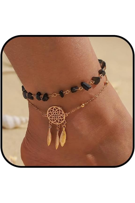 Gold Boho Beach Anklet for Women Natural Stone Dreamcatcher Feather Ankle Bracelet Layered Leaf Tassel Pendant Anklet Summer Vintage Western Shell Bracelet Hawaiian Beach Foot Jewelry