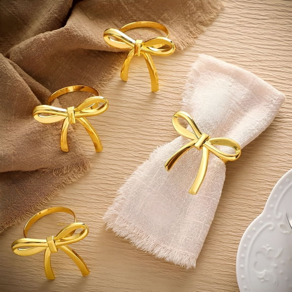 DESIGNICE Gold Bow Napkin Rings Set of 4, Shiny Metal Bow Knot Napkin Ring Holders Bow Tie Napkin Rings for New Year Valentine'S Day Xams Wedding Valentine Napkin Rings