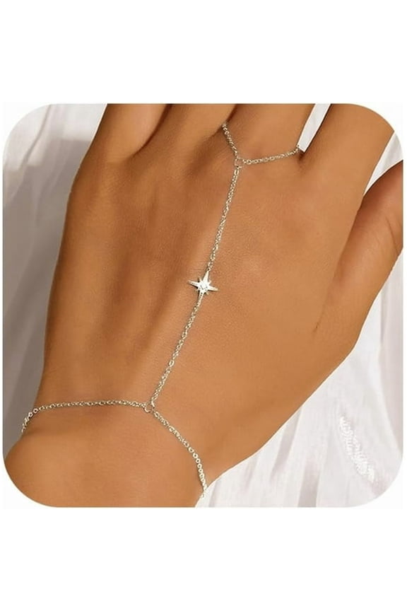 Gold Bracelet Rings Hand Chain for Women,925 Sterling Silver White Cz Heart Finger 14K Gold Plated Dainty Trendy Layered Stackable Link Chain Body Jewelry Christmas Gift