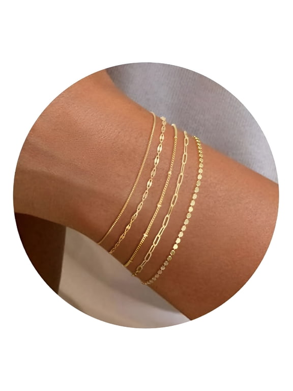 Gold Bracelets for Women,14K Dainty Gold Plated Stackable Bracelets for Women Trendy Gold Bracelet Stack Set Waterproof Chain Bracelets Paperclip Adjustable Tennis Minimalist Cute Jewelry