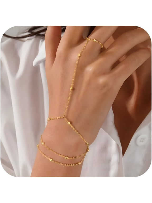 Gold Bracelets for Women, 14K Gold Plated/Silver Hand Chain Bracelet for Women Trendy Finger Ring Bracelet Hand Chain Dainty Adjustable Hand Chain Jewelry Gifts for Women