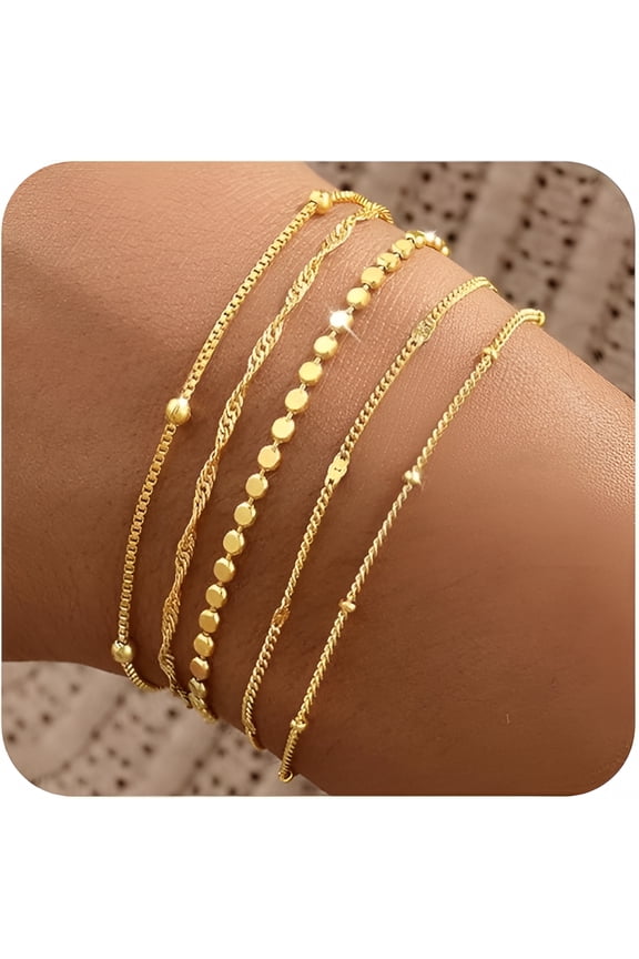 Gold Bracelets for Women,14K Gold Plated Stackable Bracelet Stack Set Adjustable Charm Paperclip Chain Snake Link Layered Waterproof Jewelry Sets Gifts