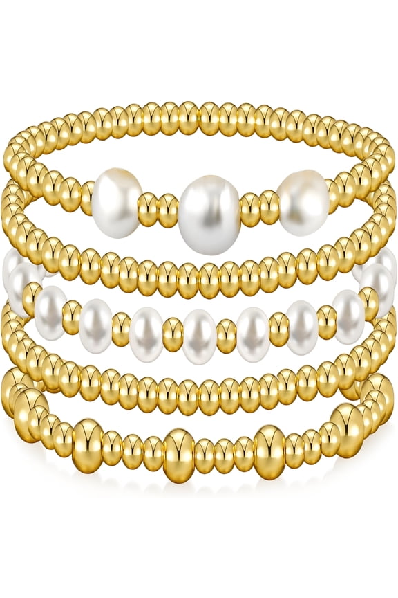 Gold Bracelets for Women Pearl Bracelet Gold Bracelet Stack Beaded Bracelets for Women 14K Gold Plated Stretch Bead Ball Bracelet Sets Jewelry for Christmas Birthday Gifts