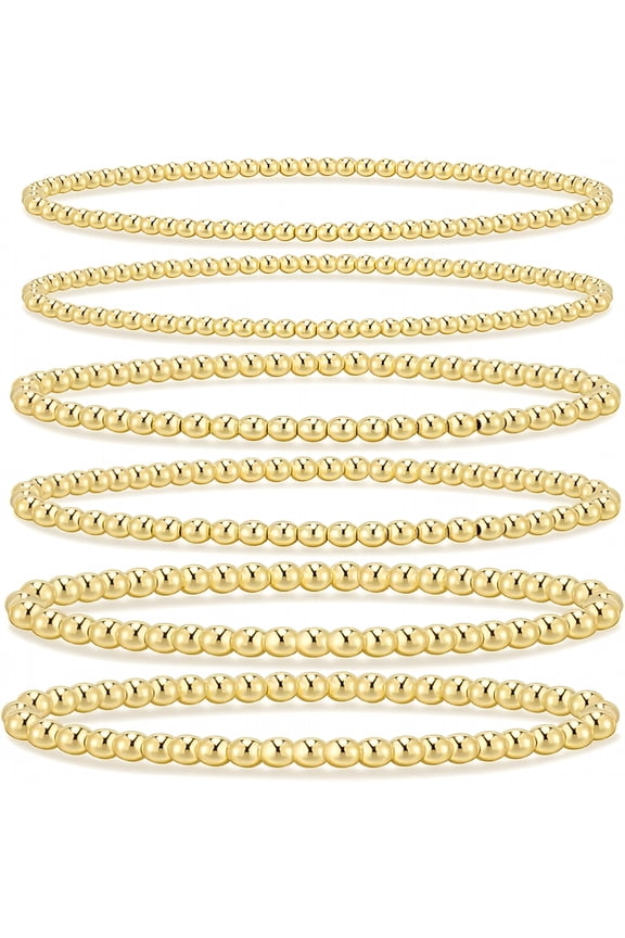 Gold Bracelets for Women Waterproof,14K Gold Plated Beaded Strand Bead Ball Bracelets stack Adjustable Jewelry Set for Gifts