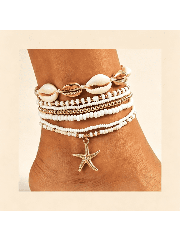 Gold Bronze White Beaded Shell Starfish Layered Anklet Set for Women,Beads Seashell Anklets Adjustable Waterproof Summer Beach Surfer Bracelets Vacation Jewelry Gift
