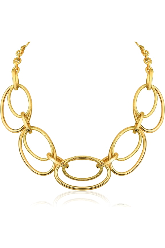 Gold Cable Link Pendant Necklace: 14K Gold Plated Loop Chain Link Statement Choker Necklace for Women - Chunky Fashion Double Oval Hoop Pendant Jewelry - Simple Elegant Women Gift