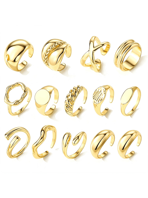 Gold Chunky Rings Set for Women 14K Gold Plated Thick Dome Stackable Open Rings Trendy Dainty Minimalist Jewelry Gifts Stylish Gold Ring Set