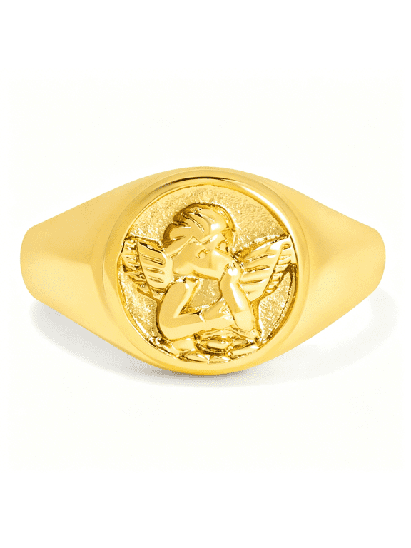 Gold Chunky Signet Stackable Pinky Ring for Women Men,Guardian Angel Cherub,Tarnish-Resistant 18K Gold Plated Stainless Steel Size 3 4 5 6 7 8 9 10 11