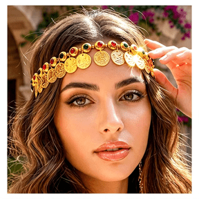 DESIGNICE Gold Coin Elastic Headbands Jewelry,Belly Dance Headpieces,Forehead Carnival Rave Hair Accessories for Women Sparkling 2Pcs Rhinestone Head Scarf Mesh Rave Glittering Headwraps