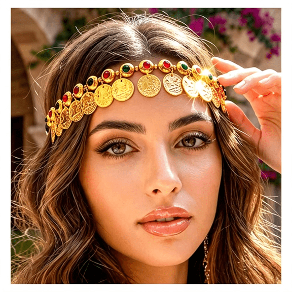 DESIGNICE Gold Coin Elastic Headbands Jewelry,Belly Dance Headpieces,Forehead Carnival Rave Hair Accessories for Women Sparkling 2Pcs Rhinestone Head Scarf Mesh Rave Glittering Headwraps