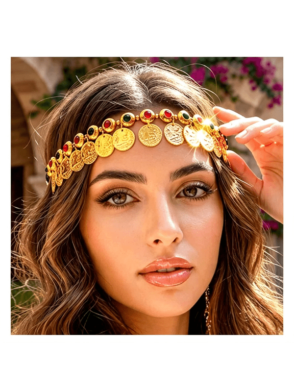 Gold Coin Elastic Headbands Jewelry,Belly Dance Headpieces,Forehead Carnival Rave Hair Accessories for Women Sparkling 2Pcs Rhinestone Head Scarf Mesh Rave Glittering Headwraps