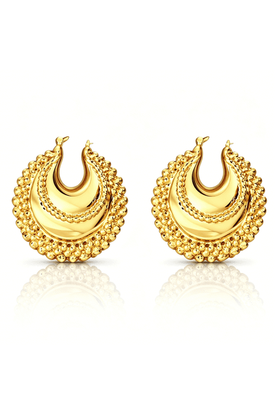 Gold Crescent Hoop Earrings for Women,Chunky Beaded Statement Open Hoops,Vintage Boho Textured Half Moon Fashion Jewelry Gift