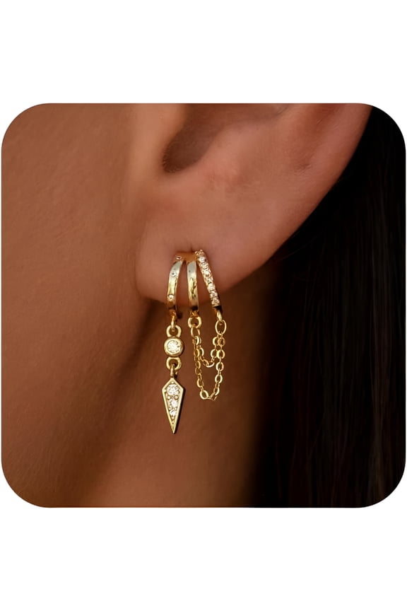 Gold Earrings for Women, 14K Gold Plated Triple Huggie Earrings Dainty Dangle Earrings for Women Trendy Small Gold Hoops Statement Long Drop Chain Earrings Fashion Tarnish Free Jewelry