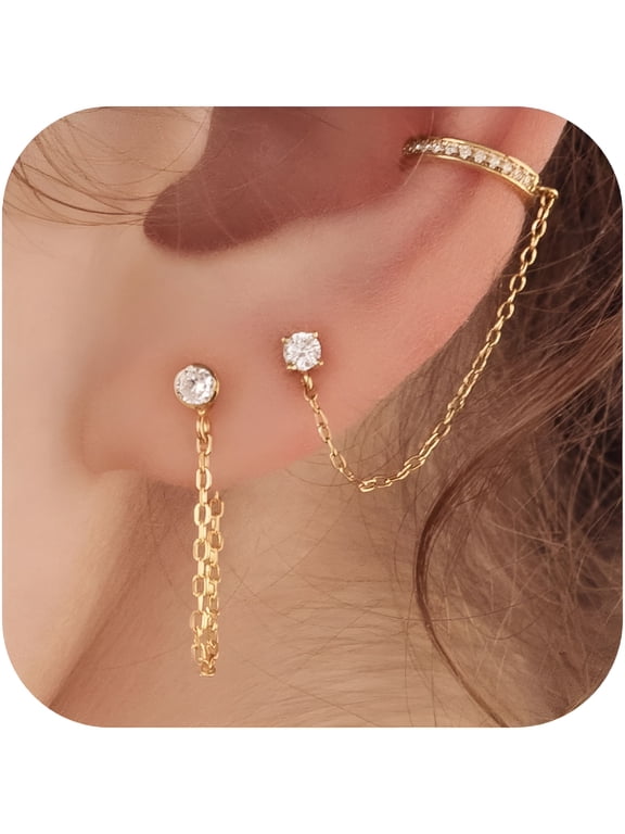 Gold Earrings for Women 3 Pairs 14K Gold Plated Hoop Stacks Hypoallergenic Lightweight Stud Earring for Multiple Piercing Dangle Drop Cartilage Earring Trendy Wedding Earring